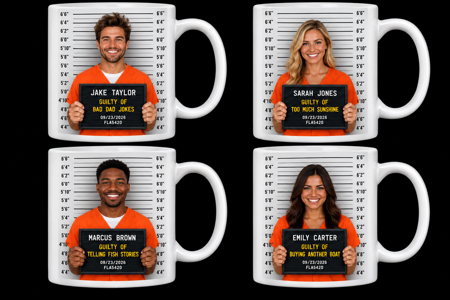 Four example mug shot mugs with custom booking photos